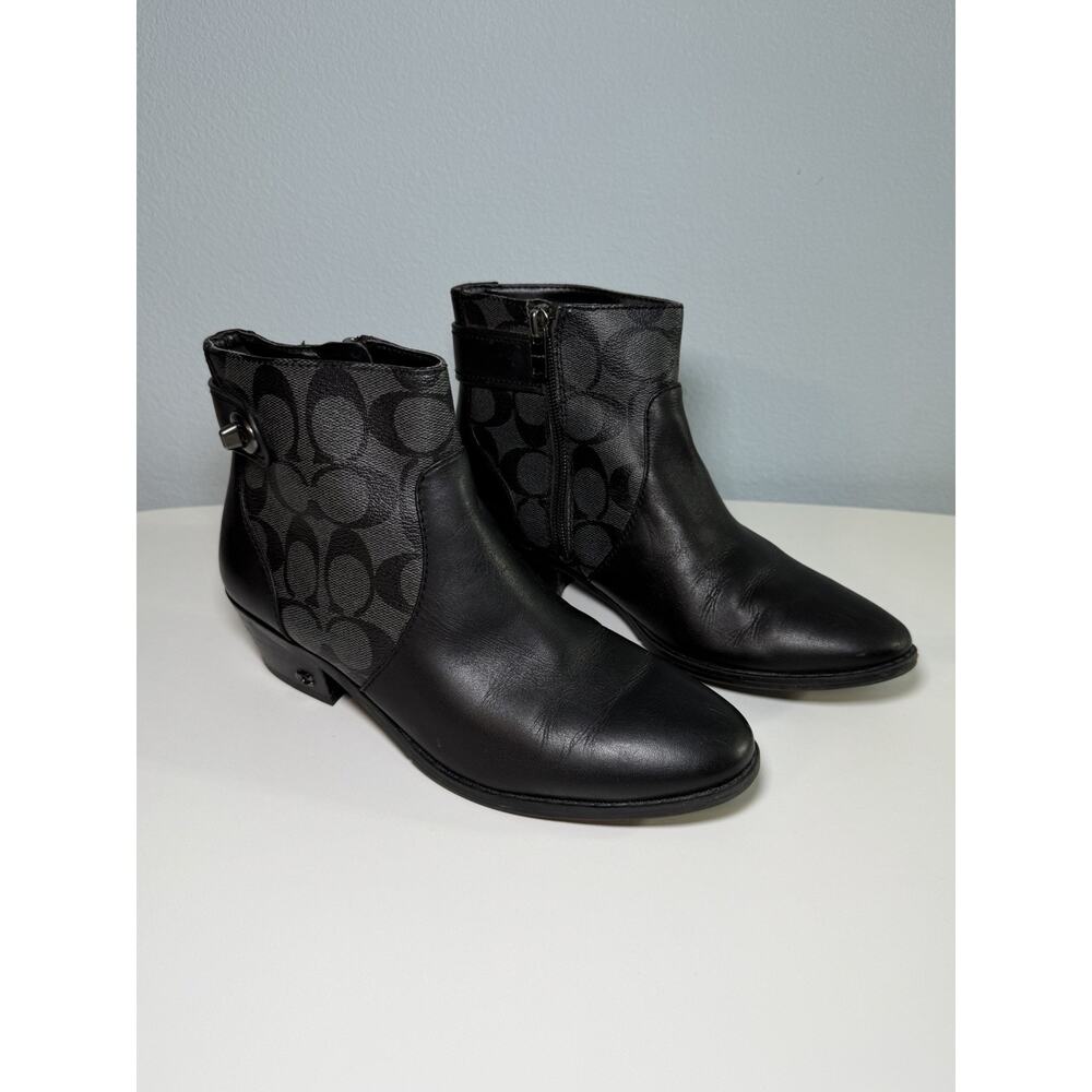 Coach Logo Deni Black Leather Canvas Booties Boots size 6 B Zip Closure Read